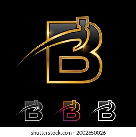 A vector Illustration set of Golden Monogram Hammer Letter B in black background with gold shine effect