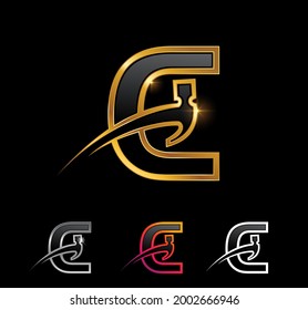 Eine Vektorgrafik-Set mit Golden Monogram Hammer Letter C auf schwarzem Hintergrund mit goldenem glänzender Wirkung 