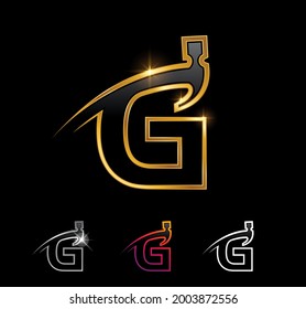 A vector Illustration set of Golden Monogram Hammer Letter G in black background with gold shine effect