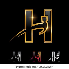 A vector Illustration set of Golden Monogram Hammer Letter H in black background with gold shine effect