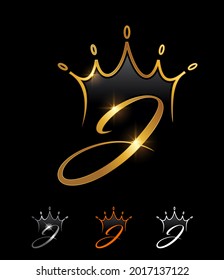 A vector illustration set of Golden Monogram Crown Initial Letter J in black background with gold shine effect