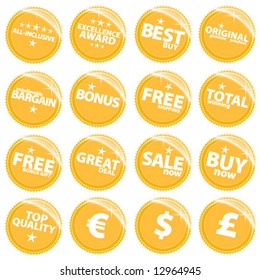 Vector illustration of a set of golden retail web icons, tags or stickers with various sale slogans.