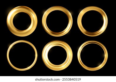 Vector illustration of a set of golden ring frames that have different widths and ribbed texture. Geometric objects, suitable for buttons, awards and game interface. Isolated black background.