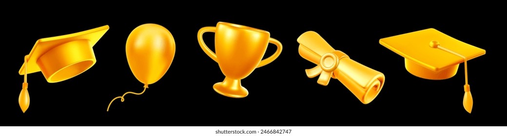 Vector illustration of set of golden shine graduate cap with tassel and diploma scroll on black background. 3d style design of object collection of graduation hat with air balloon and winner cup