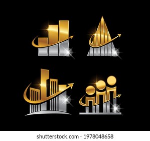 A vector Illustration set of Golden and Silver Growth Bar Sign in black background with gold and chrome shine effect