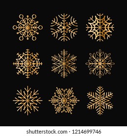 Vector illustration set of golden snowflakes isolated on black background. Christmas snowflakes icons collection for your design.