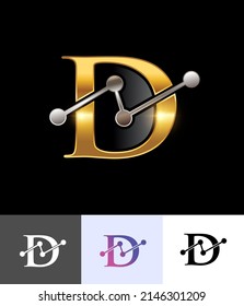 A vector illustration set of Golden Technology Monogram Logo Letter D in black background with gold shine effect