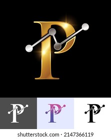A vector illustration set of Golden Technology Monogram Logo Letter P in black background with gold shine effect