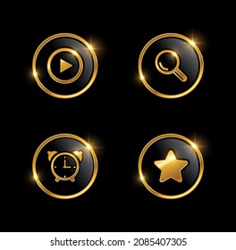 Un conjunto de ilustraciones vectoriales de Golden Web Development Icon Set en el fondo negro con efecto de brillo dorado