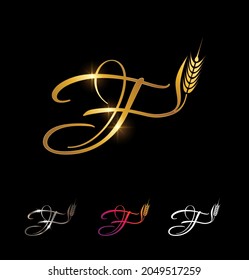 A Vector Illustration set of Golden Wheat and Grain Monogram Initial Letter F