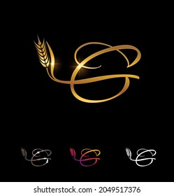 A Vector Illustration set of Golden Wheat and Grain Monogram Initial Letter G in black background with gold shine effect