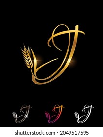 A vector Illustration set of Golden Wheat and Grain Monogram Initial Letter J in black background with gold shine effect