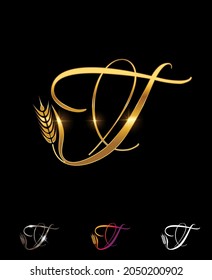 A Vector Illustration set of Golden Wheat and Grain Monogram Initial Letter T in black background with gold shine effect