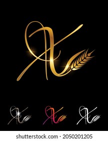 Un conjunto de ilustraciones vectoriales Monograma de Trigo Dorado y Grano Letra inicial X