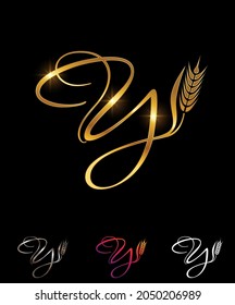 A Vector Illustration set of Golden Wheat and Grain Monogram Initial Letter in black background with gold shine effect