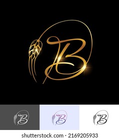 A vector illustration set of Golden Wheat Monogram Initial Letter B in black background with gold shine effect