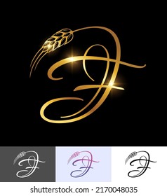 A vector illustration set of Golden Wheat Monogram Initial Letter F in black background with gold shine effect