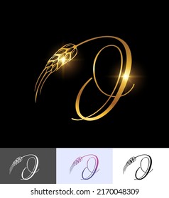 Un conjunto de ilustraciones vectoriales Monograma de Trigo Dorado Letra inicial I en fondo negro con efecto de brillo dorado