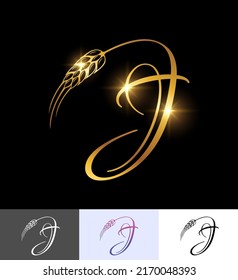 A vector illustration set of Golden Wheat Monogram Initial Letter J in black background with gold shine effect