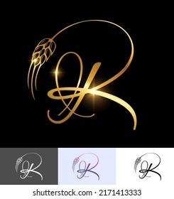 A vector illustration set of Golden Wheat Monogram Initial Letter K in black background with gold shine effect