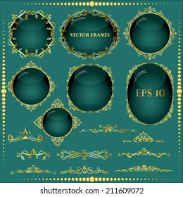 Vector illustration of a set of gorgeous golden ornamental frames with glass effect, EPS10