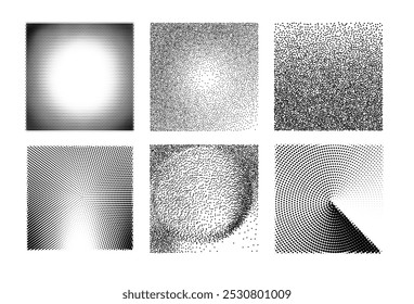 Vector illustration of a set of grainy noise background patterns. Black and white gradient of black dots, specks and particles creates textured designs for various purposes.