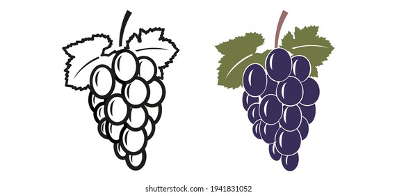 Vector Illustration of set of grapes - bunch of grapes with leaves - black and color icons on white background. Illustration isolated, easy to edit and ready to use. 