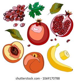 Vector illustration, set. Grapes, grapes, grapes, pomegranate, garnet, half pomegranate, pomegranate, peach, peach, half peach, peach leaves, banana and a piece of banana. Color image.
