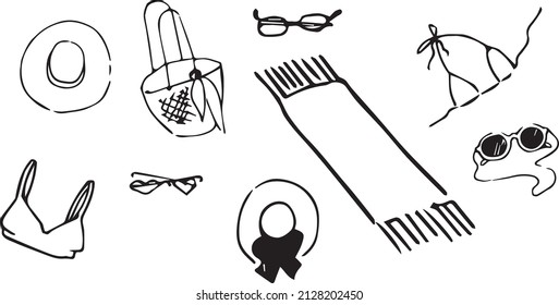 Vector illustration A set with graphic beach objects Glasses towel hat swimsuit