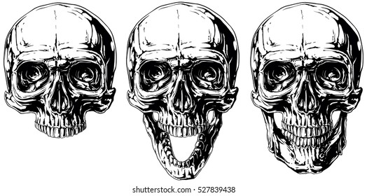 A vector illustration set of graphic black and white human skull tattoo