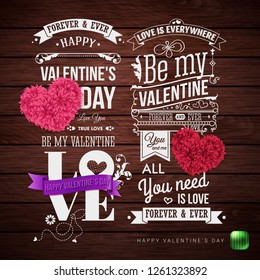 Vector illustration. Set of graphic design templates for Valentines day card. Brown, wooden background. Various lettering and design elements. Typographic text.