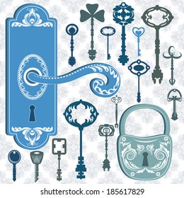 Vector illustration of a set of graphic keys, handle and a lock with seamless damask pattern as a background 