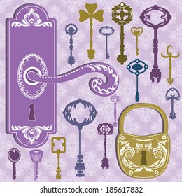 Vector illustration of a set of graphic keys, handle and a lock with seamless damask pattern as a background