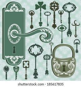 Vector illustration of a set of graphic keys, handle and a lock with seamless damask pattern as a background can be used as design elements