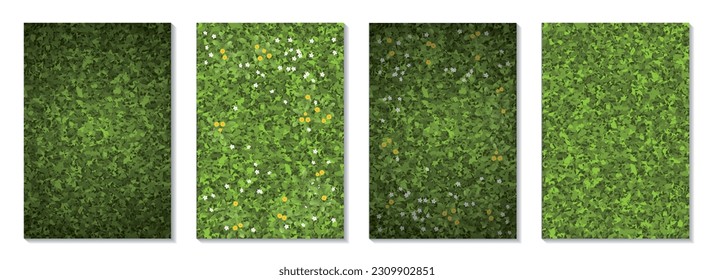 Vector illustration set grass. Top view. Several types of green lawn. View from above. Grass, small white and yellow flowers. Background grass.