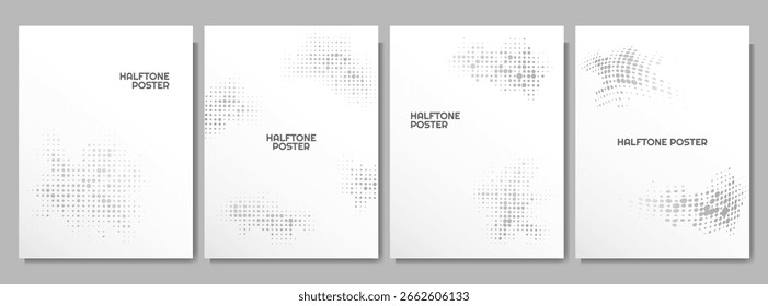 Ilustração vetorial. Conjunto de faixas de pontos de meio-tom de cor cinza. Textura de padrão de pontos pontilhados isolada no fundo branco. Elementos de design para cartaz, capa de livro ou revista, layout, folheto