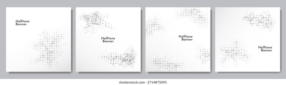 Ilustración vectorial. Conjunto de Anuncios de puntos semitono de color gris. Textura de patrón de puntos aislados sobre fondo blanco. Elementos de diseño para redes sociales, Anuncio de Web, publicación de blog