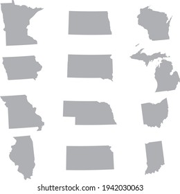 vector illustration of Set of Gray map of US federal states of Midwest region