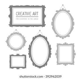 Vector illustration of set of gray rectangular and oval frames isolated on white background. Art design for web, site, advertising, banner, poster, flyer, brochure, board, card, paper print.