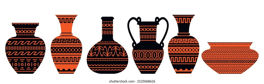 Vector illustration - a set of Greek vases of various traditional forms of orange-black color isolated with geometric ornament. Concept travel and souvenirs