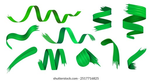 Conjunto de Ilustraciones vectoriales de pinceladas de cinta de iconos 3D verdes en varias Formas y estilos abstractos. Las cintas tienen una apariencia dinámica y fluida, con bordes afilados y curvas suaves.