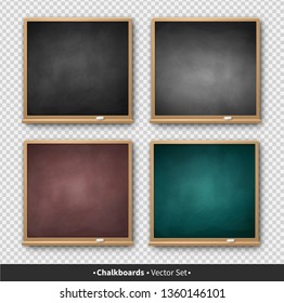 Vector illustration set of green, brown and black square chalkboards with wooden frames with piece of chalk and shadow isolated on transparency background.