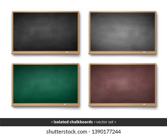 Vector illustration set of green, brown and black horizontal chalkboards with wooden frames with piece of chalk and shadow isolated on white background.