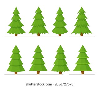 Vector illustration of a set of green Christmas trees isolated on a white background.