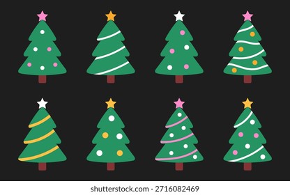 Ilustração vetorial de um conjunto de árvores de Natal verdes decoradas com várias bolinhas coloridas, grinaldas e estrelas. Árvores de abetos bonitos para cartões de férias, decorações festivas e design sazonal.