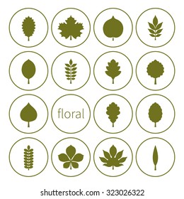 Vector illustration: set of green contours of tree leaves on circle white stickers with green stroke isolated on white background