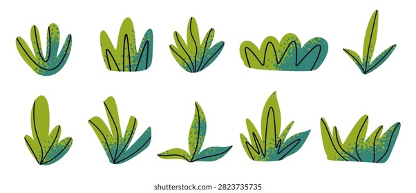 Vector illustration set of green grass, plants, and botanical leaves with grainy texture and line art. Cute hand-drawn doodle elements isolated on white background for nature, spring, gardening, eco-friendly branding, pattern design, children book, and summer graphics.