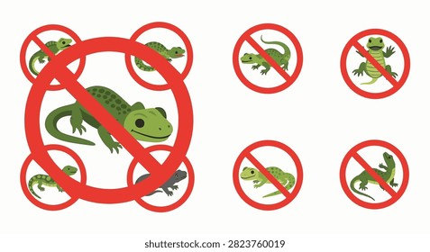 Vector illustration set of green lizard icons inside red prohibited circles. Cartoon reptiles including geckos and salamanders with a diagonal red line on a white background.