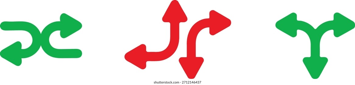 Ilustração vetorial conjunto de setas verdes e vermelhas representando conceitos como direção, escolha, navegação, embaralhamento, repetição, divisão e vários caminhos.