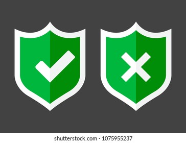 Vector illustration set of green shield with tick and cross. Symbol of protection and reliability